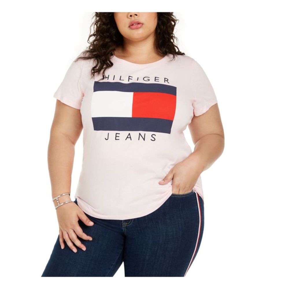 HILFIGER JEANS Womens Pink Printed Short Sleeve Crew Neck Top Plus 1X